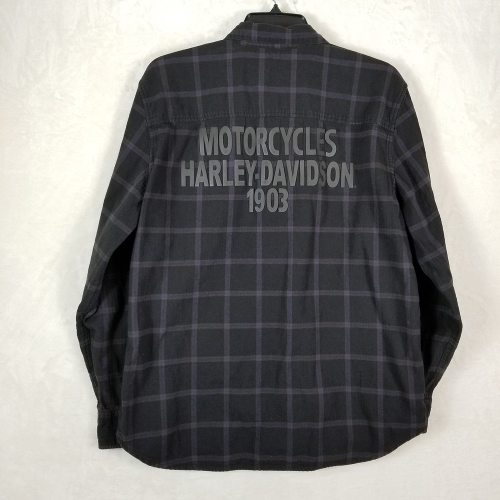 Harley-Davidson Mens 2XL Black Blue Plaid Flannel Button Down Shirt Graphic Back - Picture 2 of 8
